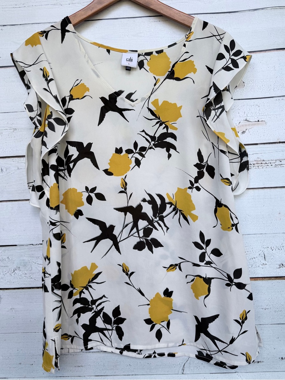 Cabi Birdwatcher V Neck Flutter Sleeve Floral Bird Blouse Size Large